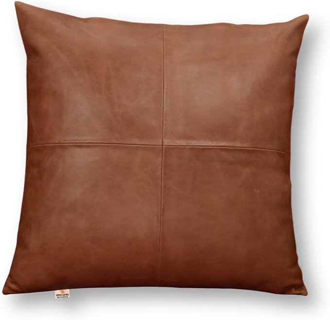 Lambskin Leather Pillow Cover - Sofa Cushion Case - Decorative Throw Covers for Living Room & Bedroom, 22x22 Inches - Antique Brown Plain Pack of 2