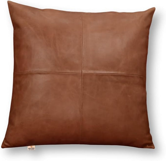 Lambskin Leather Pillow Cover - Sofa Cushion Case - Decorative Throw Covers for Living Room & Bedroom, 18x18 Inches - Antique Brown Plain Pack of 2