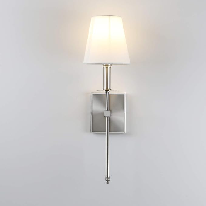 PERMO Set of 2 Classic Rustic Industrial Wall Sconce Lighting Fixture with Flared White Textile Lamp Shade and Brushed Tapered Column Stand, Hardwired, E26 Base