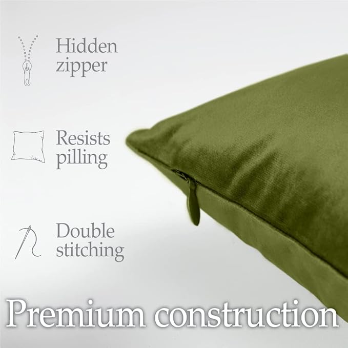 lalaLOOM Velvet Throw Pillow Covers, Set of 2, 18x18 Decorative Square Pillows Home Decor, Soft Accent Cases, Silky Machine Washable Pillowcases for Sofa, Couch, Bedroom, Living Room, Moss Green