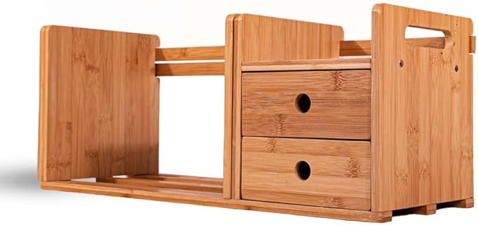 ECOHOME Desktop Bookshelf Expandable with Two Drawer Organizers Made of Bamboo, Collapsible Design & Compartments for Efficient, Clutter-Free Workspace Organization - Sleek Bookshelf