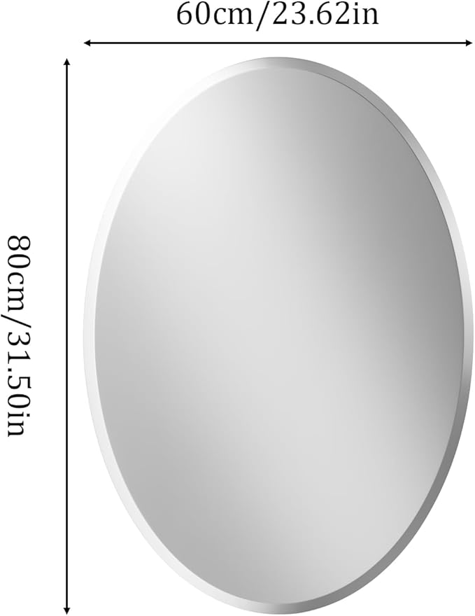 Frameless Oval Wall Mirror: Decorative Elliptical Mirrored Glass Vanity with Beveled Silver Edge for Bathroom Bedroom Livingroom Dining Room Entryway Hallway, 32 x 24 inch