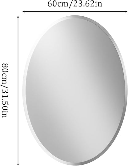 Frameless Oval Wall Mirror: Decorative Elliptical Mirrored Glass Vanity with Beveled Silver Edge for Bathroom Bedroom Livingroom Dining Room Entryway Hallway, 32 x 24 inch