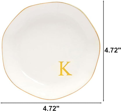 Ceramic Jewelry Tray Initial Ring Dish Personalized K-Monogrammed Engagement Wedding Gifts, for Birthday Mother's Day Christmas for Women, Ceramic White 4.75" (K)