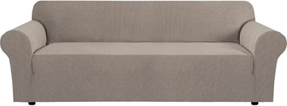 H.VERSAILTEX Stretch Couch Covers for Sofa 1 Piece Slipcovers for Couches and Sofas 3 Seater Couch Cover Feature Thick Checked Jacquard Fabric with Elastic Bottom(Large Sofa 90"-100" Wide, Taupe)