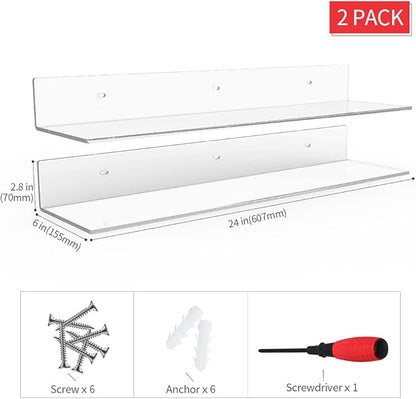 Sezanrpt 24 Inches Clear Floating Shelves for Wall, Acrylic Long Wall Shelf, Wall Mounted Shelves for Plants, Speaker, Radio, Funko Pop, Stuffed Animal, Books, Cosmetics, Toiletries, 2 Pack (24 Inch)
