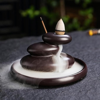 Zen Backflow Incense Burner, Ceramic Waterfall Incense Holder for Cone & Stick Incense, Handmade Three-Stone Design Aromatherapy Decor for Home, Yoga, Meditation, Relaxation