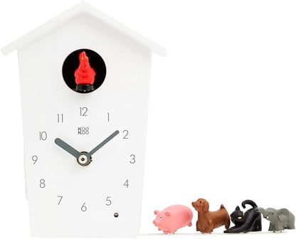 KOOKOO AnimalHouse White, Small Cuckoo Clock with 5 Farm Animals Sounds (Natural Field Recordings)