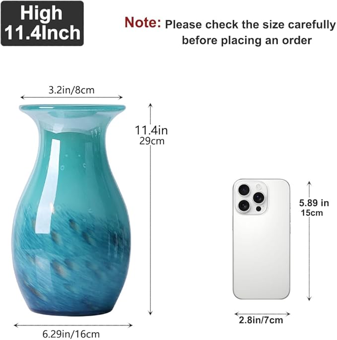 Teal Glass Vase – 11.4in Hand Blown Wide Mouth Art Glass Vase – Turquoise Decorative Vase for Flowers, Centerpieces, Bookshelf, Bathroom, Dining Table or Living Room Display