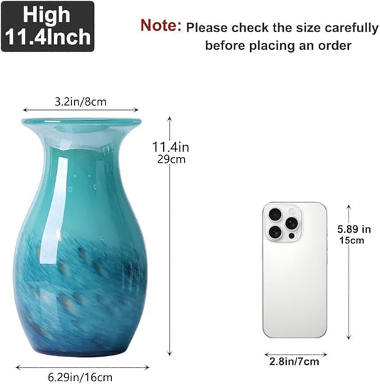 Teal Glass Vase – 11.4in Hand Blown Wide Mouth Art Glass Vase – Turquoise Decorative Vase for Flowers, Centerpieces, Bookshelf, Bathroom, Dining Table or Living Room Display