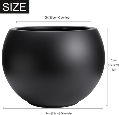 10 H x 14" Dia (10" Pot Opening) Round Fiberstone Planter with Drainage Hole, Black, Indoor/Outdoor Large Plant Pot for Home Patio Garden, Ideal for Large Plants