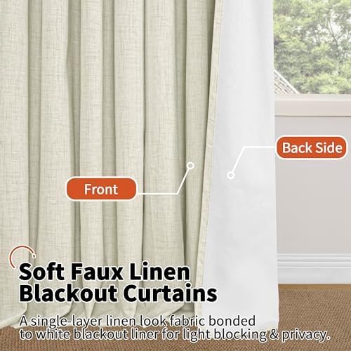 Lajode Short Blackout Curtains 45 Inch Length 2 Panels, Thermal Insulated Total Light Blocking Linen Window Curtains for Farmhouse Bedroom Basement, Bronze Grommet, Natural, Each 52" Wide