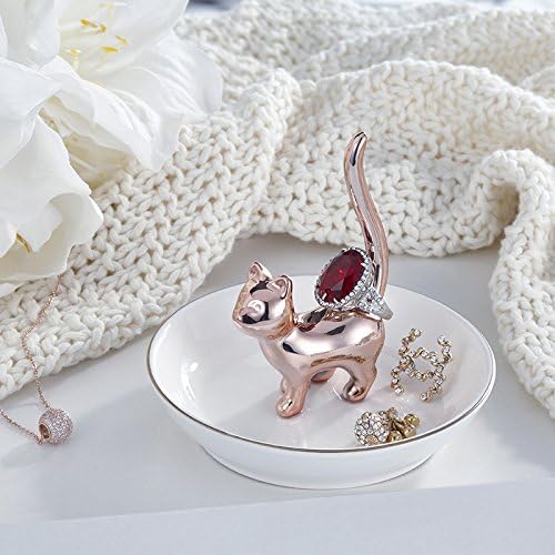 Cat Ring Holder Trinket Tray Ceramic Jewelry Dish Porcelain Ring Organizer Gift for Women, Girlfriend or Valentine's Day (Rose gold-2)