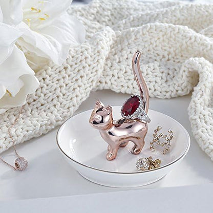 Cat Ring Holder Trinket Tray Ceramic Jewelry Dish Porcelain Ring Organizer Gift for Women, Girlfriend or Valentine's Day (Rose gold-2)