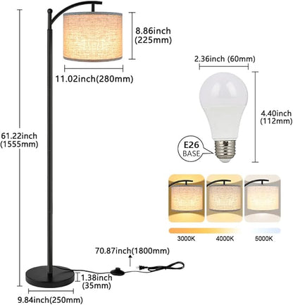 ROTTOGOON Floor Lamp for Living Room with 3 Color Temperatures LED Bulb, Standing Lamp Tall Industrial Floor Lamp Reading for Bedroom, Office (9W LED Bulb, Beige Lampshade Included) -Black