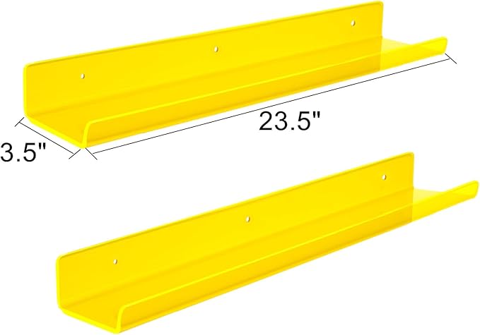 ROYALITA 24 Inches Acrylic Floating Book Shelves Wall Mounted Set of 2, Wall Hanging Plant Display Shelves, Room Decor Floating Wall Shelves for Gaming Room, Bedroom, Living Room, Office, Yellow