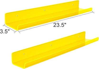 ROYALITA 24 Inches Acrylic Floating Book Shelves Wall Mounted Set of 2, Wall Hanging Plant Display Shelves, Room Decor Floating Wall Shelves for Gaming Room, Bedroom, Living Room, Office, Yellow