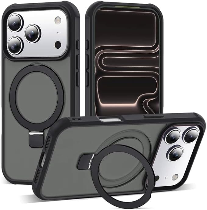 Compatible with iPhone 17 Pro Case with Invisible Magnetic O-Ring Stand Military-Grade Translucent Phone Case for iPhone 17 Pro 6.3" [Compatible with Mag-Safe][Great Grip Feeling], Black
