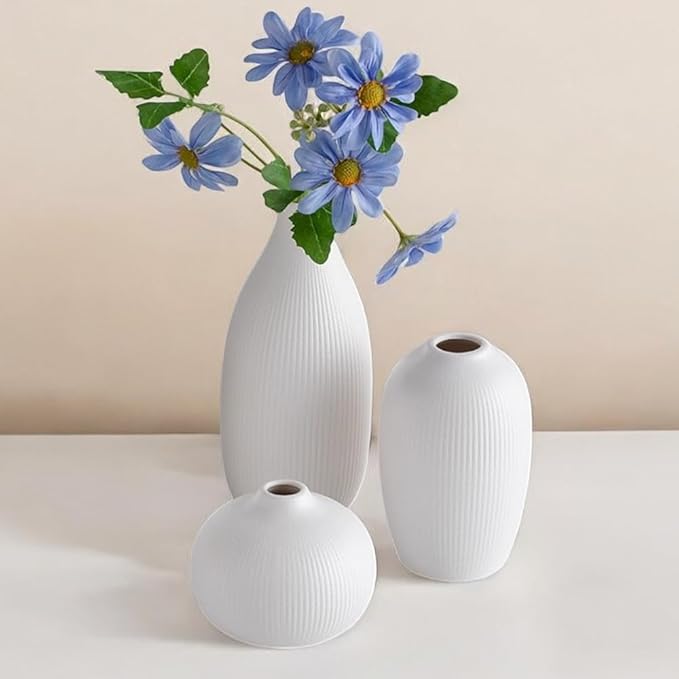 White Ceramic Vase Set of 3 - Small Modern Minimalist Ceramic Bud Vases for Home Decor - Boho Aesthetic Flower Vases for Desk, Shelf & Table, Mantle, Bookshelf (Cute & Versatile) (White)