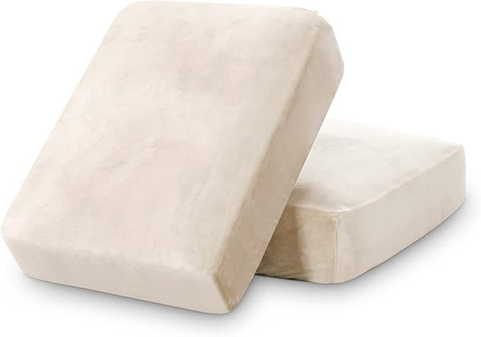 PrinceDeco Velvet Couch Cushion Cover Stretch Sofa Seat Covers Washable Cushion Slipcover for Chair Love Seat Sofa Cushion Furniture Protector Seat Cushion Sofa Cover (Each Width Up to 29.5", Ivory)