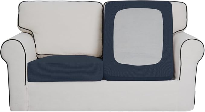 Easy-Going Stretch Individual Loveseat Couch Cushion Cover Sofa Cushion Furniture Protector Sofa slipcover Soft Flexibility with Elastic Bottom (2-Piece Loveseat Cushion Cover, Dark Blue)