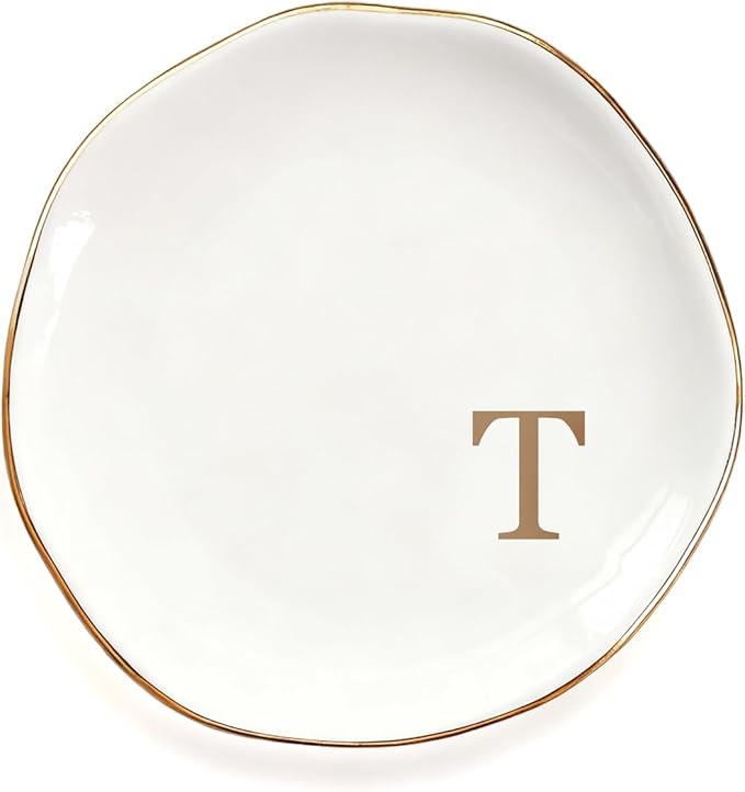 Fmeida Ceramic Jewelry Tray, Initial Jewelry Tray Dish for Rings Earrings Necklaces Bracelet Watch Keys, Monogrammed Engagement Wedding Valentines Christmas Gifts for Women, 4.5", Rose Gold T