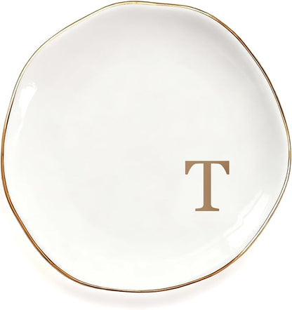 Fmeida Ceramic Jewelry Tray, Initial Jewelry Tray Dish for Rings Earrings Necklaces Bracelet Watch Keys, Monogrammed Engagement Wedding Valentines Christmas Gifts for Women, 4.5", Rose Gold T