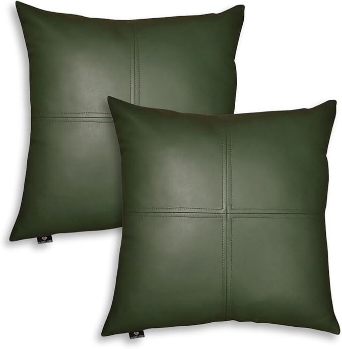 LL LEATHER LOVERS Lambskin Leather Pillow Cover, Hand Panel Stitched Leather Decorative Throw Pillow Covers for Couch Sofa Bed Living Room Garden (18x18 Inches, Dark Green Pack of 2)
