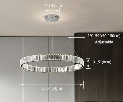 Modern Crystal Chandelier LED Dimmable Pendant Light with Remote 24" Round Ring Crystal Chandeliers for Living Room Dining Room Bedroom