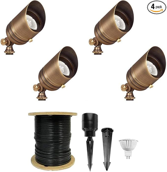 VOLT 12V Brass Fat Boy LED Outdoor Spotlight 4-Pack Expansion Kit (Bronze) for Low Voltage Landscape Lighting of Yard, Lawn, Garden, Patio, Trees & House