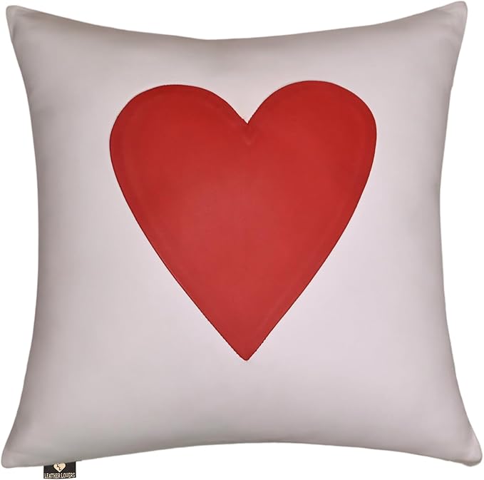 LL LEATHER LOVERS Genuine Lambskin Leather Pillow Cover, 22x22 Inch Case for Lumbar Throw Couch Pillows, Thick & Soft Cushion Covers for Sofa Bed Home Décor (Red Heart & White Plain Pack of 1)