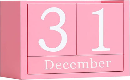 Wooden Block Calendar for Desk, Large Size Daily Desktop Perpetual Desk Calendar, Cute Date Display Desk Accessories for Home Office Decor, Teacher, Classroom, Reusable Yearly, Pink
