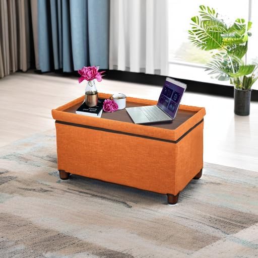 30 Inches Storage Ottoman Bench, Storage Bench with Wooden Legs for Living Room Ottoman Foot Rest Removeable Lid for Bedroom End of Bed, Linen Fabric, Orange