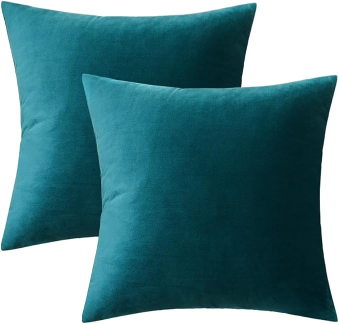 MIULEE Velvet Throw Pillow Covers 16x16 Inch, Pack of 2 - Teal, Soft Solid Decorative Pillow Covers Square Cushion Cases Modern Luxury Home Decor for Spring Couch Sofa Bedroom