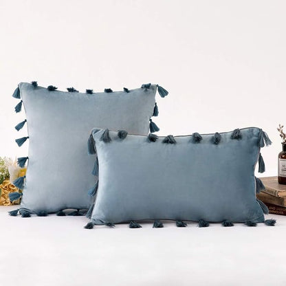 vctops Velvet Soft Solid Decorative Throw Pillow Cover with Tassels Boho Accent Cushion Case for Couch Bedroom Car Water Blue 20''x20''