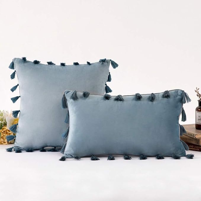 vctops Velvet Soft Solid Decorative Throw Pillow Cover with Tassels Boho Accent Cushion Case for Couch Bedroom Car Water Blue 18''x18''