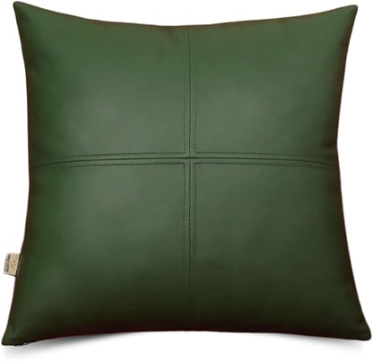 Lambskin Leather Pillow Cover, Hand Panel Stitched Leather Decorative Throw Pillow Covers for Couch Sofa Bed Living Room Garden (14x14 Inches, Dark Green Pack of 1)
