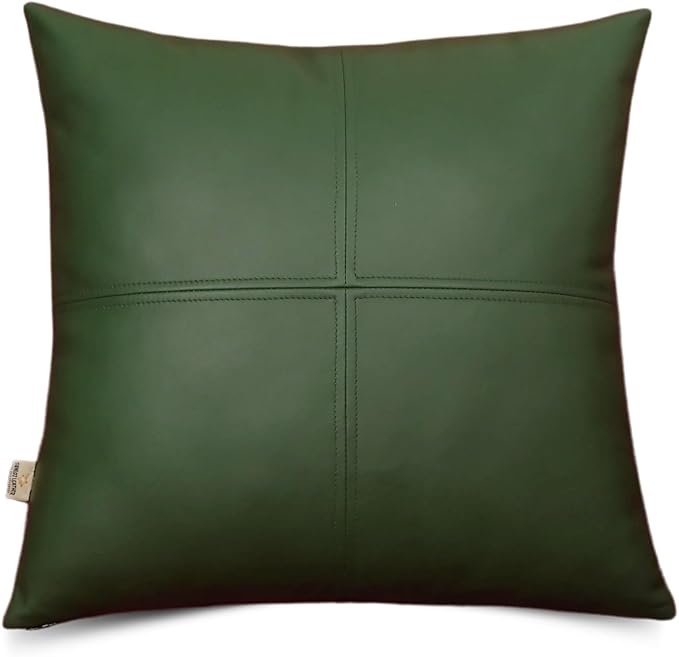 Lambskin Leather Pillow Cover, Hand Panel Stitched Leather Decorative Throw Pillow Covers for Couch Sofa Bed Living Room Garden (20x20 Inches, Dark Green Pack of 1)