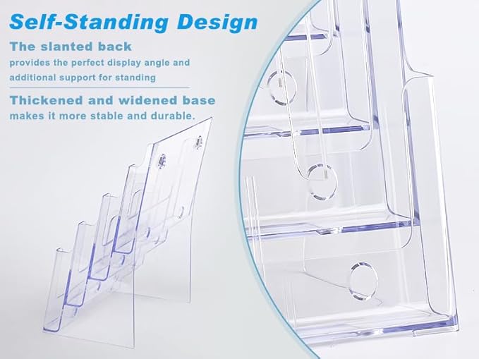 Acrylic Brochure Holder 8.5x11 Inches, 4 Tier Clear Brochure Display Stand , pamphlet holder with Divider for 4’’ Flyer Magazine, Document Paper Literature Holder,Wall Mount for Office, Store