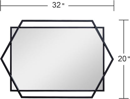 Black Bathroom Mirror, 20"x32" Decorative Mirror for Living Room with Hexagon and Rectangular Metal Frame, Entryway Mirror for Wall Decor, Vertical or Horizontal Hanging