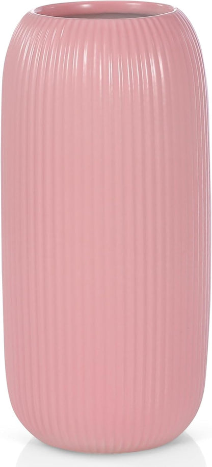 Ceramic Vase for Flowers – Modern Small Ribbed Textured Flower Vase for Home Decor, Pampas Grass, Decorative, Farmhouse, Coffee Table, Kitchen Centerpieces, Bookshelf and Home Living (Pink)