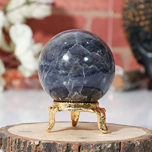 Crocon 45mm Iolite Stone Sphere Ball with Metal Stand 1400+ Carats Gemstone Ball Healing Sphere Sculpture Figurine for Fengshui Divination Home Decoration Photography Crystal Sphere