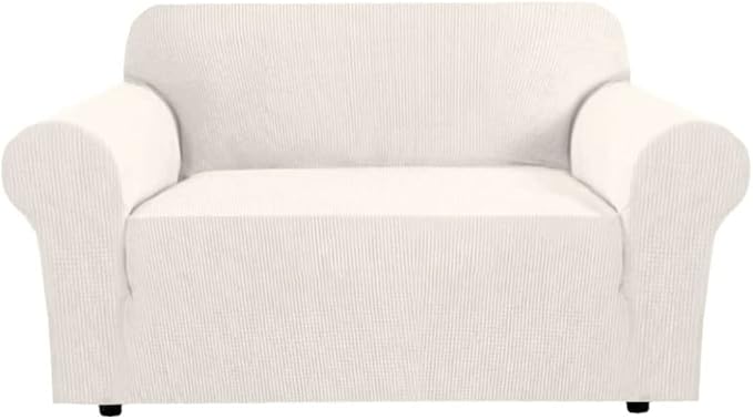 H.VERSAILTEX Stretch Couch Cover 2 Cushion Sofa Loveseat Slipcover|Sofa Cover for Love seat 1 Piece with Elastic Bottom, Textured Checked Jacquard Fabric(Loveseat 58"-70" Wide, Ivory)
