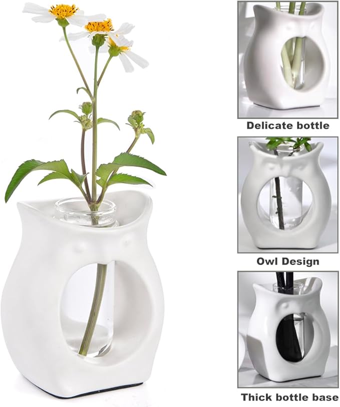 ORGJ Owl Propagation Vase for Plants - Handcrafted Ceramic with Removable Glass Tube, 2-in-1 Hydroponic Planter & Aroma Diffuser, Plant Terrarium Decor Gifts for Plant Lovers Office Desk