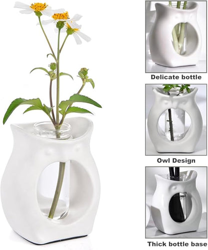 ORGJ Owl Propagation Vase for Plants - Handcrafted Ceramic with Removable Glass Tube, 2-in-1 Hydroponic Planter & Aroma Diffuser, Plant Terrarium Decor Gifts for Plant Lovers Office Desk