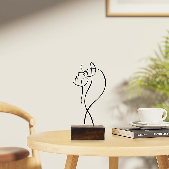 Amosfun Black Wrought Iron Female Line Sculpture with Wooden Base 8.66X4.25X2 Inch Minimalist Modern Character Art Ornament for Home and Office Desk D Cor