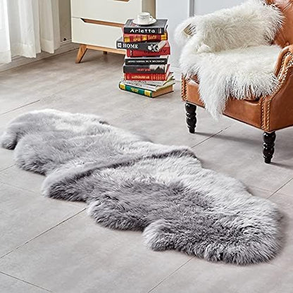 HUAHOO Premium Genuine Sheepskin Rug Grey Real Australia Sheepskin Natural Luxury Fluffy Lambskin Fur Area Rug for Kids Bedroom Sofa Chair Cover Pets Dogs Mat Double Pelt/2' x 6' Silver Grey