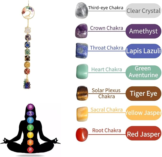Handmade Crystal Window Car Hanging Ornaments 7 Chakra Home Decoration Feng Shui Ornament Car Decoration (Chakra-Beige Thread)