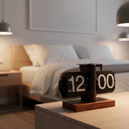 Retro Flip Clock Vintage, Digital Flip Desk Clock Black, Gear Flipping Clock, Mechanical Page Turning with Black Walnut Base for Home, Office, Room Decoration