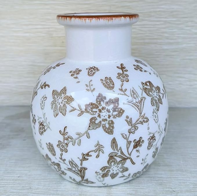 SIDUCAL Ceramic Vintage Vase, 5.91 Inch Retro Ice Cracked Chinoiserie Floral Vase, Rustic Farmhouse Vases for Home Decor, Bookshelf, Garden, Chinoiserie Decor, Tuscan Decor, Brown Floral Pattern
